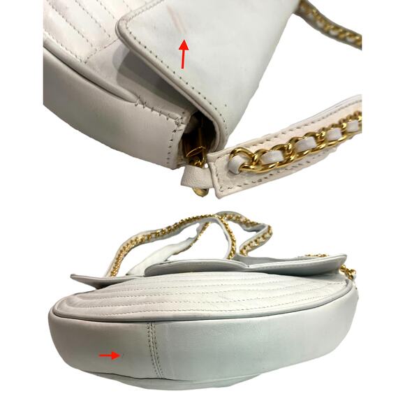 80s 90s White Leather Semi Circle Shoulder Bag Gold Chain Accents - Picture 9 of 11